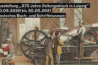 Dampfbetriebene Schnellpresse mit Bogenmagazin, Kolorierte Lithografie um 1865, Foto: Deutsche Nationalbibliothek