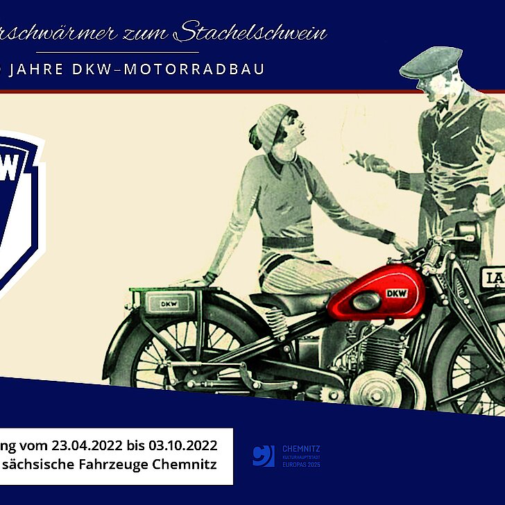 Mann und Frau stehen an einem DKW-Motorrad