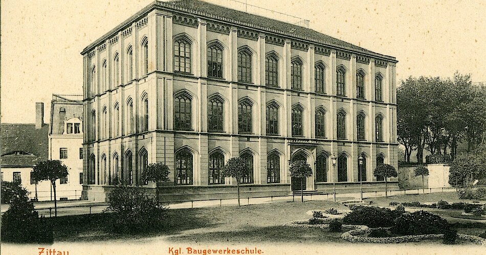Königliche Baugewerkeschule Zittau. Postkarte von Brück & Sohn, 1904