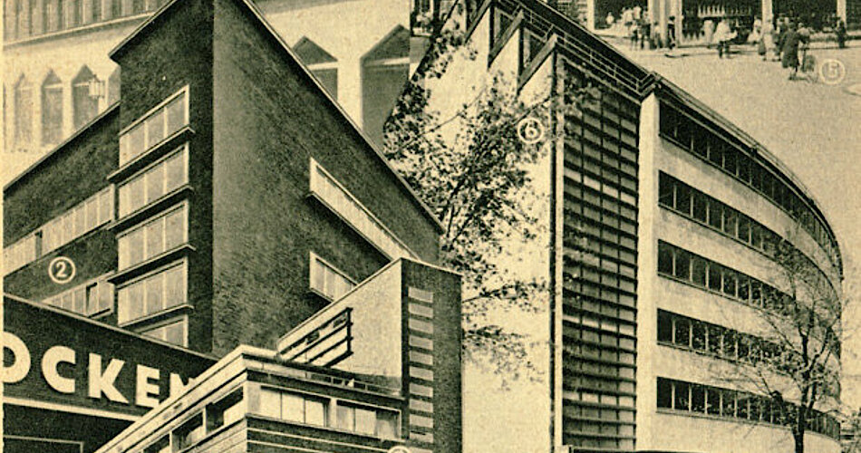 Alte Postkarte mit einer Collage meherer Warenhäusern des Schocken-Konzerns.