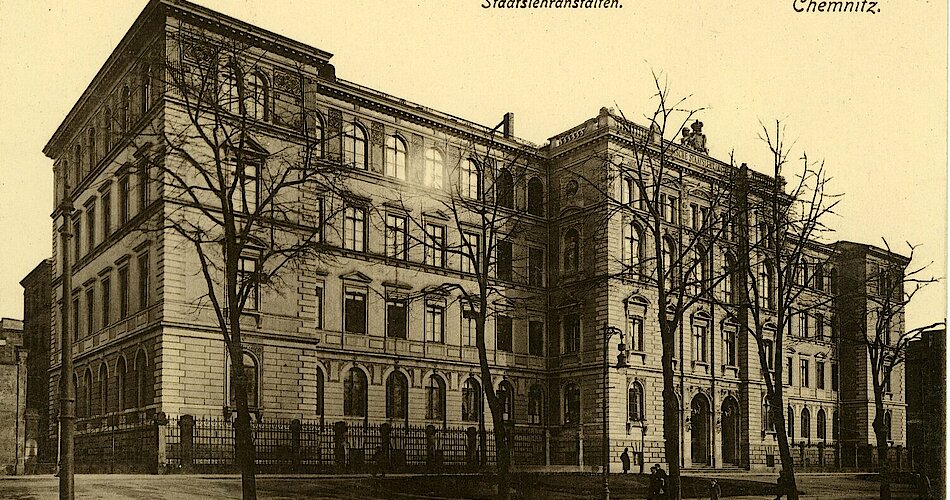 Staatslehranstalten Chemnitz. Postkarte von Brück & Sohn, 1914