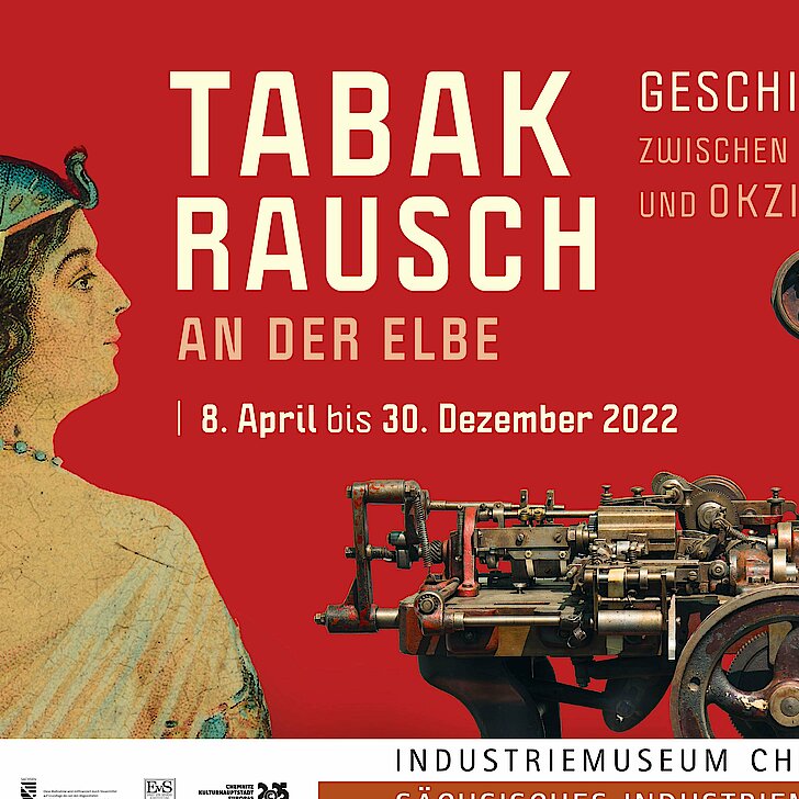 Plakat zur Ausstellung mit der Darstellung einer Frau und einer Maschine zur Herstellung von Zigaretten