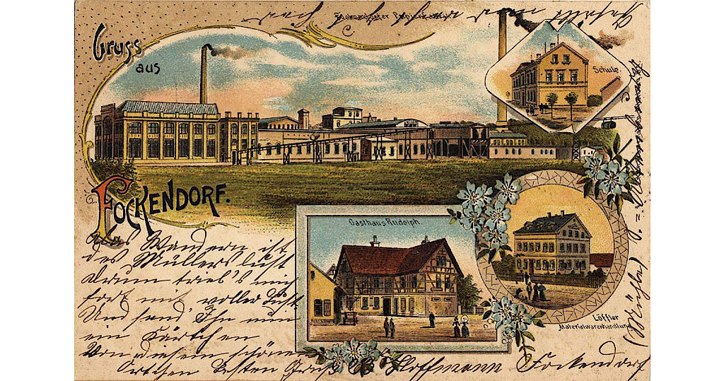 Bildpostkarte „Gruß aus Fockendorf“ mit Darstellung der Fockendorfer Papierfabrik, um 1901 © Deutsche Nationalbibliothek