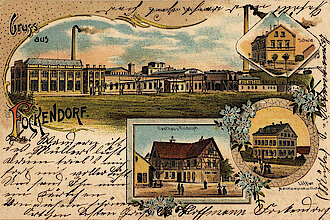 Bildpostkarte „Gruß aus Fockendorf“ mit Darstellung der Fockendorfer Papierfabrik, um 1901 © Deutsche Nationalbibliothek