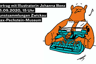 1910 wurde die Reiseschreibmaschine in Dresden erfunden, Illustration: Johanna Benz, die Illustartion zeigt einen Mann, der auf einer Schreibmaschine tippt und dabei mit dem Papier auch seinen Schlips einzieht
