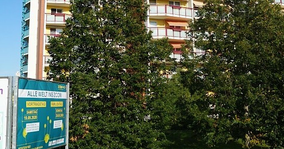 Blick auf zwei Plattenbauten hinter Bäumen