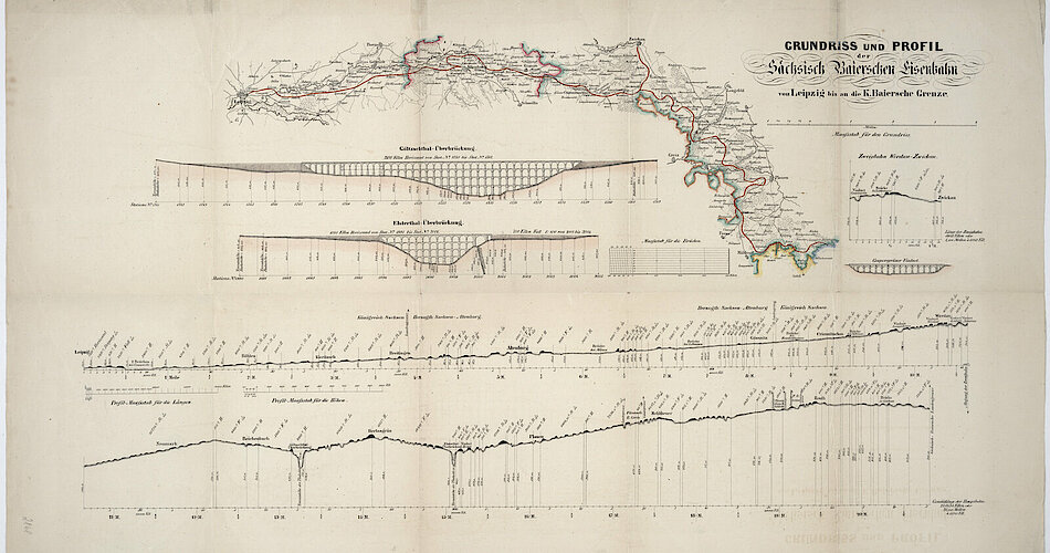 Grundriss und Profil der Sächsisch-Baierschen Eisenbahn von Leipzig bis an die K. Baierschen Grenze, Lithographie, um 1850